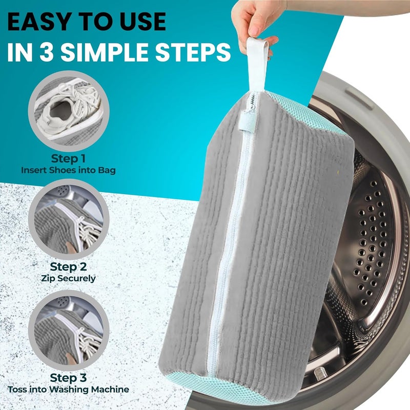 DASZERX XXL Shoe Washing Machine Bag - 2 Pcs Set - 360° Resuable Shoe Bag for Washing Machine and Dryer - Wrap Shoe Washing Bag for Sneakers, Boots & Delicate Footwear (Grey) - Image 2